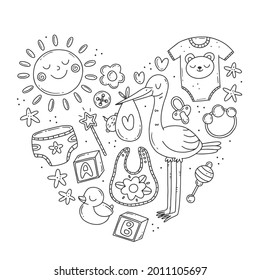 Set with black and white elements on the theme of the birth of a child in a simple cute doodle style in the shape of a heart. Vector baby illustration isolated on background.