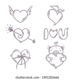 Set of black and white elements for st. Valentines day in doodle style