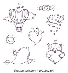 Set of black and white elements for st. Valentines day in doodle style