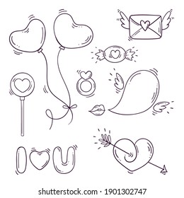 Set of black and white elements for st. Valentines day in doodle style