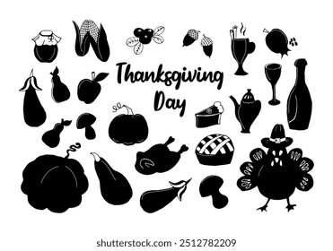 Set of black and white elements: vegetables and fruits, turkey, teapot, pie, eggplant, pumpkin, mushroom, acorn, mulled wine, bottle, glass, apple, pear, corn, pomegranate. Thanksgiving holiday design