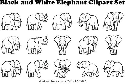 Set black and white elephant drawings isolated on white background detailed.