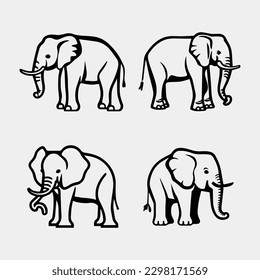 Set of black and white elephants in different poses