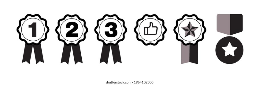 A set of black and white emblems of awards and medals for prizes and achievements. Vector icons.