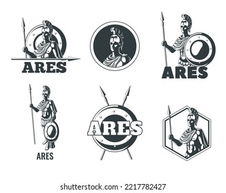 Set of black and white emblems with greek olympian god ares isolated vector illustration