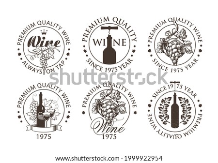 Set of black and white emblems, labels, badges, round-shaped stickers for a wine store or winery. Vector wine logos with hand-drawn bunches of grapes and bottles with corkscrews in retro style