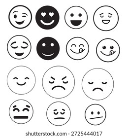 Conjunto de iconos de cara de emoji en blanco y negro que muestran diferentes emociones y expresiones en un estilo de Vector limpio.