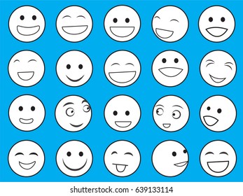 set of black and white emotion faces on blue background
