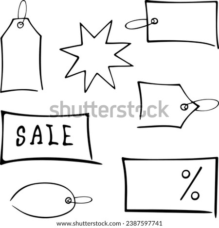 A set of black and white empty price tags, hand-drawn in doodle style, vector. Label for prices, discounts and sales. Illustration of white tags for text and prices of different shapes.