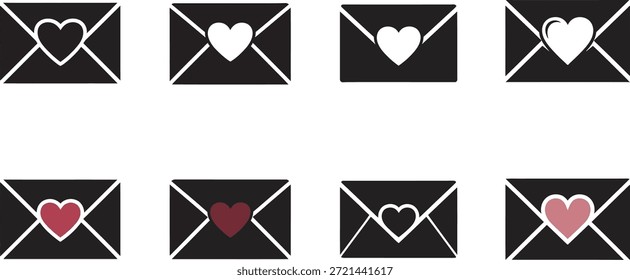 Um conjunto de ícones de envelope preto e branco com símbolos cardíacos, perfeito para mensagens do Dia dos Namorados e cartas de amor