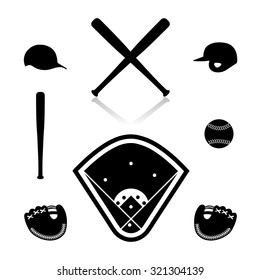 Set of black and white equipment for baseball, vector illustration.
