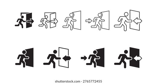 Set of black and white exit signs, depicting person running through doorway with arrow, some filled, some outline.