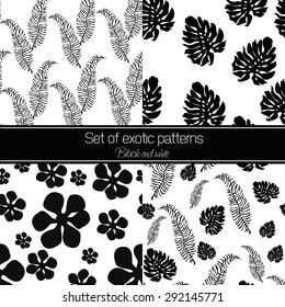 Set of black and white exotic seamless patterns
