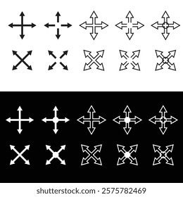Set of Black and White Expanding Arrow Icons.