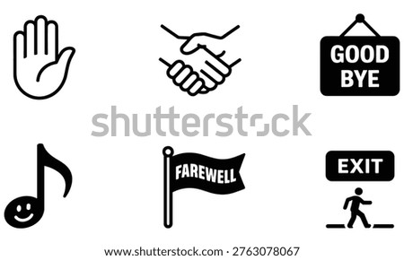 Set of black and white farewell and goodbye themed iconography for professional use