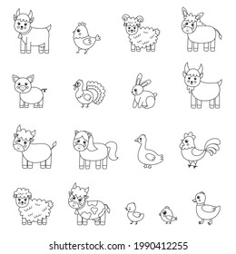 Set of black and white farm animals. Coloring page for children.