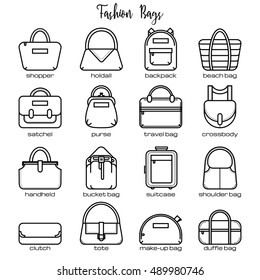 Set of black and white fashion bag line icons, vector illustration isolated on white background. Set of 16 thin line fashion bag icons with legends