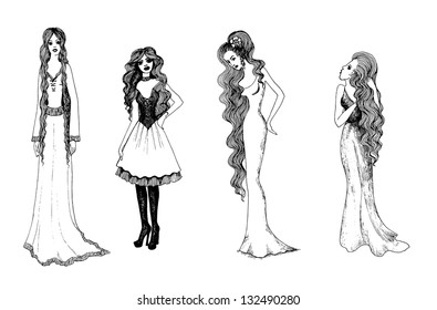 Set of black and white fashionable girls. Vector sketches