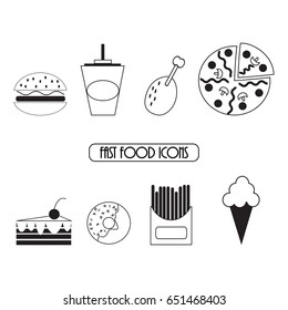 Set of black and white fast food icons. Vector illustration.