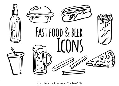 Set of black and white fast food and beer sketched icons. Collection of hand drawn stickers with street food meal. Design elements for logo, menu, ads, promo poster or banner. 