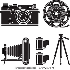 A set of black and white featuring a classic camera, a reel, a bellows camera, canisters, and a camera tripod.