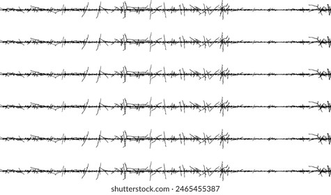 A set of black and white fence lines with different shapes, a border wire with barbed wire, barbed with a line,  Barbed wire with barbed wire against a white background.