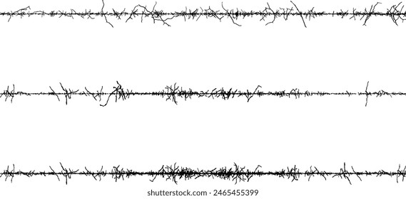 A set of black and white fence lines with different shapes, a border wire with barbed wire, barbed with a line,  Barbed wire with barbed wire against a white background.