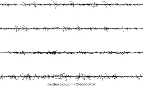 A set of black and white fence lines with different shapes, a border wire with barbed wire, barbed with a line,  Barbed wire with barbed wire against a white background.