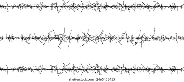A set of black and white fence lines with different shapes, a border wire with barbed wire, barbed with a line,  Barbed wire with barbed wire against a white background.