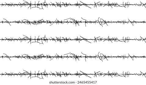 Un conjunto de líneas de valla en blanco y negro con diferentes Formas, un alambre de borde con alambre de púas, alambre de púas con una línea, alambre de púas con alambre de púas sobre un fondo blanco.