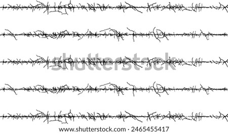 A set of black and white fence lines with different shapes, a border wire with barbed wire, barbed with a line,  Barbed wire with barbed wire against a white background.