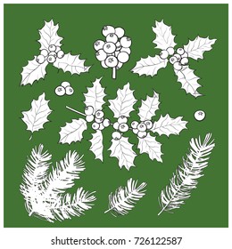 Set of black and white fir tree and mistletoe branches with leaves and berries, Christmas decoration elements, sketch vector illustration on green background.