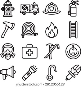 Set of black and white firefighter emergency equipment icons isolated on white background for web design and mobile application usage in vector format