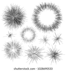 Set of black and white fireworks radiating from the center of thin beams, lines. Abstract explosion, speed motion lines from the middle, radiating sharp. Vector illustration. Isolated on background