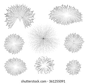 Set black and white fireworks in vector. Cool salute for holiday or birthday. Explosion art symbols like brush