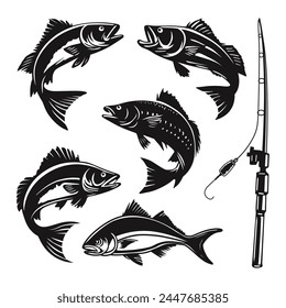 set of black and white fish vectors. set of bass fish vector.
