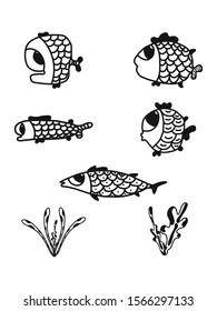 Set of black and white fishes in doodle ink style vector illustration