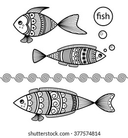 Set of black and white fishes in doodle ink style. Vector illustration