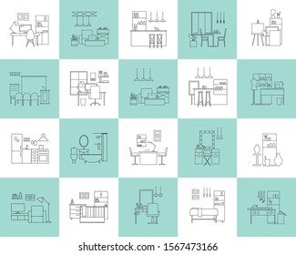 Set of black and white flat outline interior places icons. Modern working and living spaces infographics. Vector linear geometric sketches.