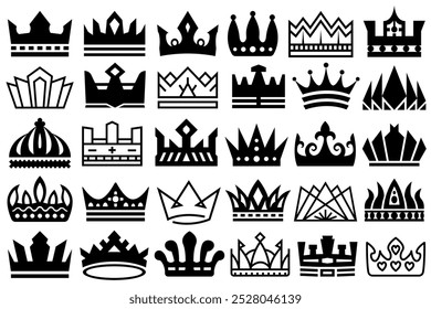 Conjunto de coronas blancas y negras, planas y de contorno. Iconos de la corona para la colección de las ilustraciones de los reyes y de las quins, aislados en el fondo blanco.