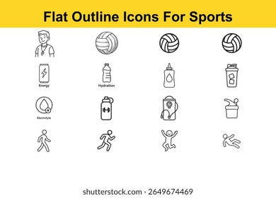 A set of black and white flat outline icons depicting sports, hydration, energy, and related activities on a white background.