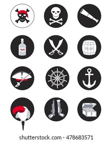 Set of black and white flat vector round labels, badges or icons with pirates parrot, skull with crossbones, hat, sword,treasure chest and nautical anchor, helm and spyglass.