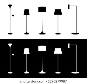 Set of black and white floor lamp silhouettes. Vector icons.