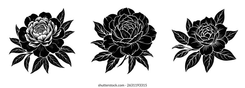 a set of black and white floral vector illustrations. Perfect for graphic design projects, tattoos, or decorative elements. isolated on a white background for easy use