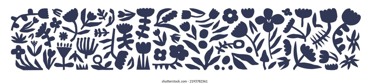 Conjunto de elementos de doodle de flores blancas y negras sobre un fondo aislado. Colección gráfica floral vintage abstracta de moda, símbolo de naturaleza monocroma de dibujos de icono de la planta de primavera orgánica.