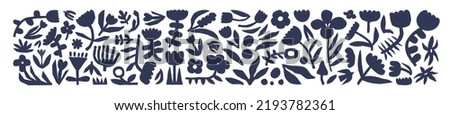 Set of black and white flower doodle elements on isolated background. Trendy vintage abstract floral graphic collection, monochrome nature symbol of organic spring plant icon drawings.