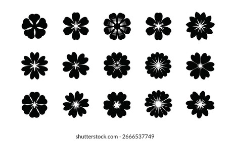 Conjunto de ilustraciones de flores en blanco y negro en estilo Vector con patrones florales y Elementos decorativos