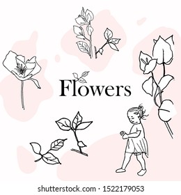 
set of black and white flowers and a walking girl