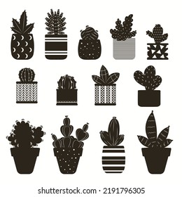  set of black and white flowers,set of silhouettes of vases for cacti, silhouettes of cacti, set of flowers in pots, indoor plant in a pot. Cactus in a pot.