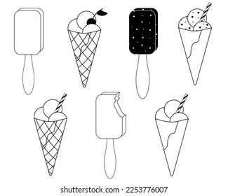 Set of black and white food icons with different kind of ice cream with editable stroke.  Website banner.Marketing material.